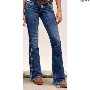 Women’s Dark Blue Flare Jeans with Side Button Detail